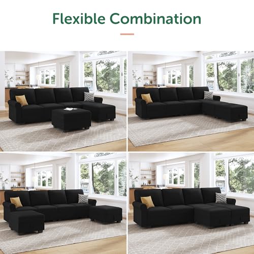 HONBAY Sectional Sofa with Storage Seat Velvet U Shaped Sectional Couch with Reversible Chaise Convertible Sectional Couches for Living Room,Black Velvet