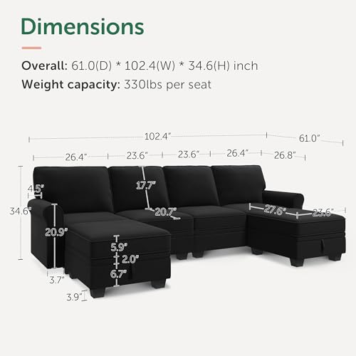 HONBAY Sectional Sofa with Storage Seat Velvet U Shaped Sectional Couch with Reversible Chaise Convertible Sectional Couches for Living Room,Black Velvet