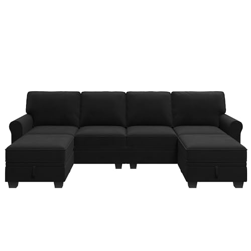 HONBAY Sectional Sofa with Storage Seat Velvet U Shaped Sectional Couch with Reversible Chaise Convertible Sectional Couches for Living Room,Black Velvet