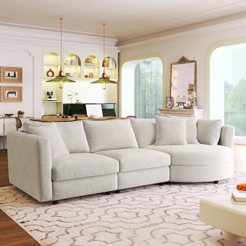 Merax 3 Seater Upholstered Couch Living Room Sofa with Three Pillows and Curved Seat for Apartment, Beige Sectional