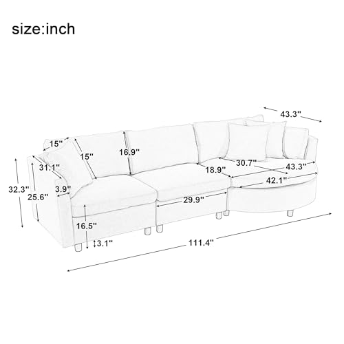Merax 3 Seater Upholstered Couch Living Room Sofa with Three Pillows and Curved Seat for Apartment, Beige Sectional