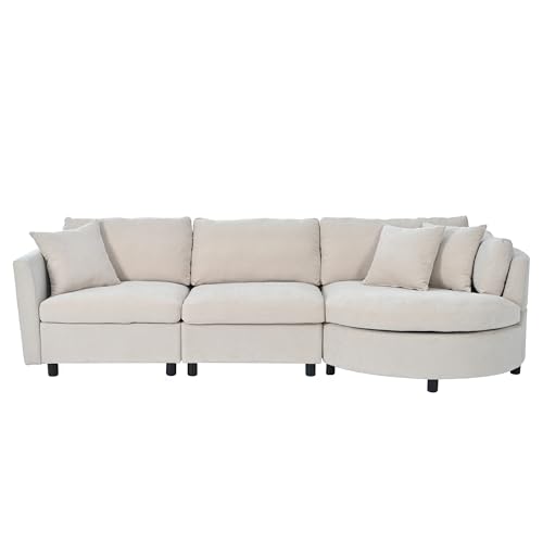 Merax 3 Seater Upholstered Couch Living Room Sofa with Three Pillows and Curved Seat for Apartment, Beige Sectional