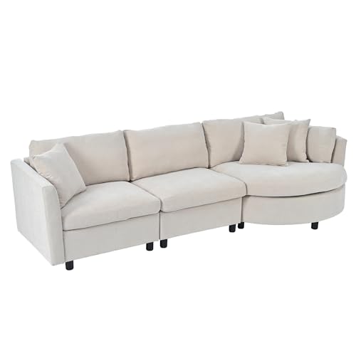 Merax 3 Seater Upholstered Couch Living Room Sofa with Three Pillows and Curved Seat for Apartment, Beige Sectional