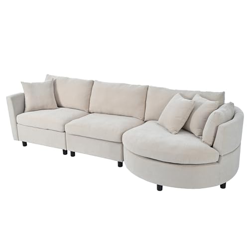 Merax 3 Seater Upholstered Couch Living Room Sofa with Three Pillows and Curved Seat for Apartment, Beige Sectional