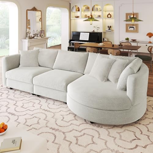 Merax 3 Seater Upholstered Couch Living Room Sofa with Three Pillows and Curved Seat for Apartment, Beige Sectional
