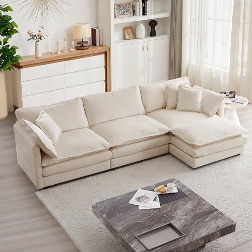 mikibama Modular Sectional Sofa, 111.5 Inch L Shaped Couch Set for Living Room, 3-Seater Comfy Cloud Couches with Movable Ottoman, DIY Combination, Chenille, Light Coffee