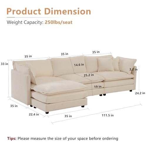 mikibama Modular Sectional Sofa, 111.5 Inch L Shaped Couch Set for Living Room, 3-Seater Comfy Cloud Couches with Movable Ottoman, DIY Combination, Chenille, Light Coffee