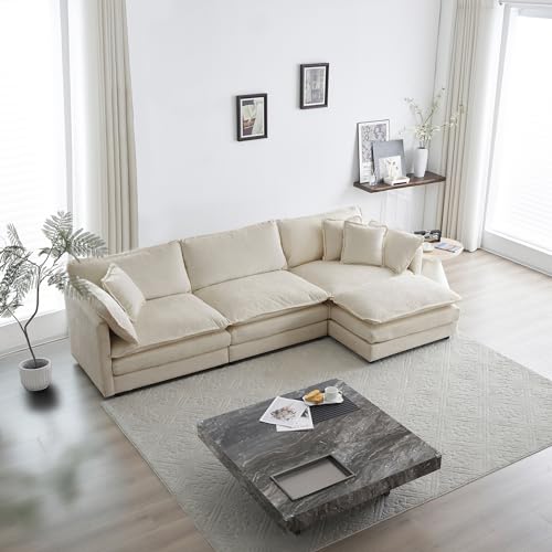 mikibama Modular Sectional Sofa, 111.5 Inch L Shaped Couch Set for Living Room, 3-Seater Comfy Cloud Couches with Movable Ottoman, DIY Combination, Chenille, Light Coffee