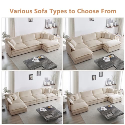 mikibama Modular Sectional Sofa, 111.5 Inch L Shaped Couch Set for Living Room, 3-Seater Comfy Cloud Couches with Movable Ottoman, DIY Combination, Chenille, Light Coffee
