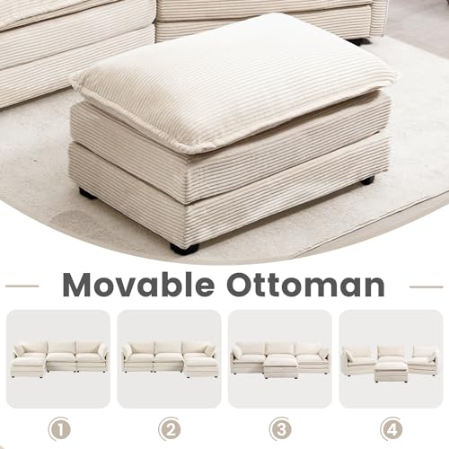 ROWHY Oversized Modular Sectional Sofa with Movable Ottoman, 112 Inch 4 Seat Modern Corduroy Sofa Set, Convertible L Shaped Couch for Living Room and Office, Beige