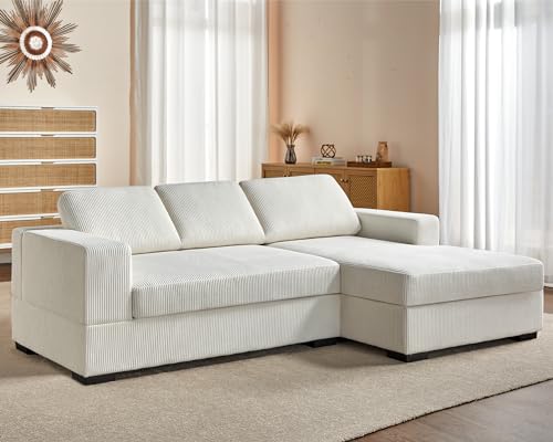 AMERLIFE 96 inch Sofa, Comfy Couch- Oversized Sectional Sofa Couch with Chaise, Modern Sofa with Right Chaise, White Corduroy Sofa