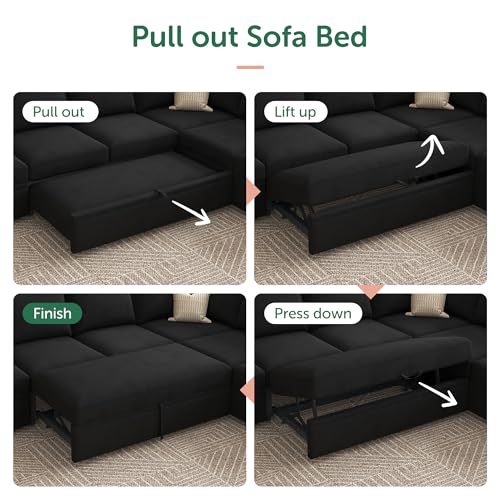 HONBAY Modular Sectional Sleeper Sofa Bed, Velvet Sectional Couch with Pullout Bed U Shaped Modular Couch with Storage Ottoman for Living Room, Black