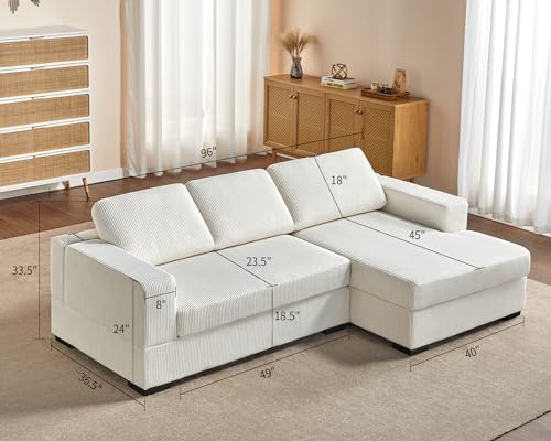 AMERLIFE 96 inch Sofa, Comfy Couch- Oversized Sectional Sofa Couch with Chaise, Modern Sofa with Right Chaise, White Corduroy Sofa