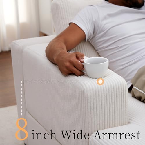 AMERLIFE 96 inch Sofa, Comfy Couch- Oversized Sectional Sofa Couch with Chaise, Modern Sofa with Right Chaise, White Corduroy Sofa