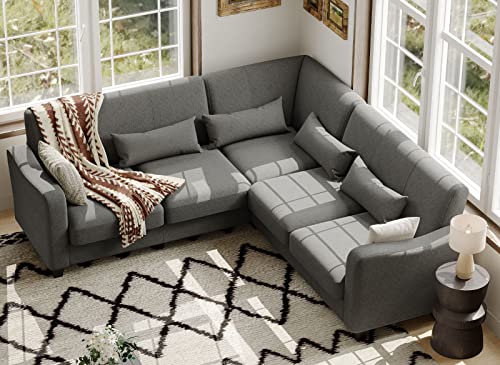 Belffin Fabric L Shaped Sofa Small Sectional Couch with Chaise Solid Corner Sofa Small L Couches 5 Seater Sofa Light Grey