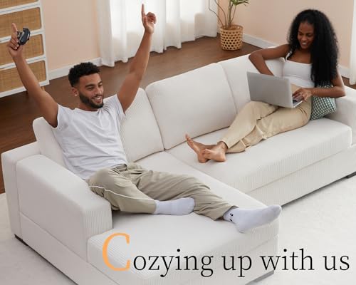 AMERLIFE 96 inch Sofa, Comfy Couch- Oversized Sectional Sofa Couch with Chaise, Modern Sofa with Right Chaise, White Corduroy Sofa