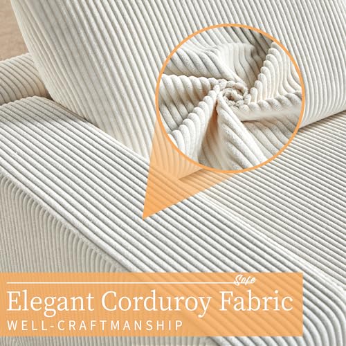 AMERLIFE 96 inch Sofa, Comfy Couch- Oversized Sectional Sofa Couch with Chaise, Modern Sofa with Right Chaise, White Corduroy Sofa