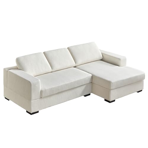 AMERLIFE 96 inch Sofa, Comfy Couch- Oversized Sectional Sofa Couch with Chaise, Modern Sofa with Right Chaise, White Corduroy Sofa