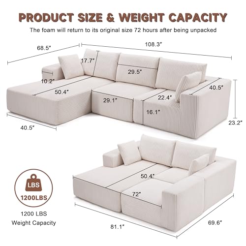 Huatean Home 108” Modular Sectional Sofa, Sponge Sectional Sofa Couch for Living Room, Modular L-Shape Sofa Couch with Chaise, Beige