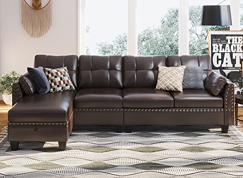 HONBAY Faux Leather Sectional Sofa Couch Reversible L Shaped Couch Sofa 4 Seat Sofa Sectional Couch for Small Apartment