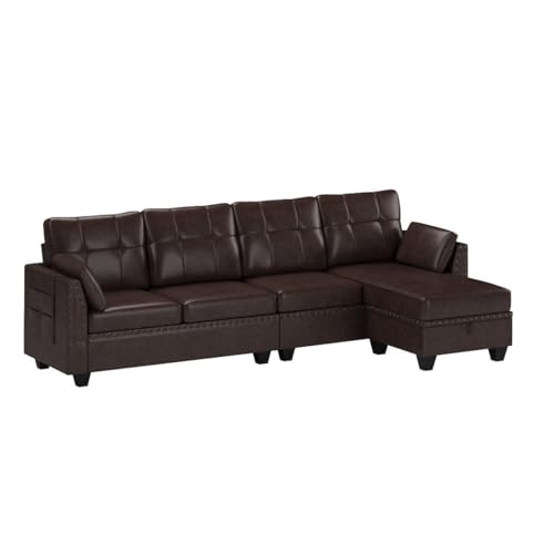 HONBAY Faux Leather Sectional Sofa Couch Reversible L Shaped Couch Sofa 4 Seat Sofa Sectional Couch for Small Apartment