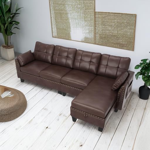 HONBAY Faux Leather Sectional Sofa Couch Reversible L Shaped Couch Sofa 4 Seat Sofa Sectional Couch for Small Apartment