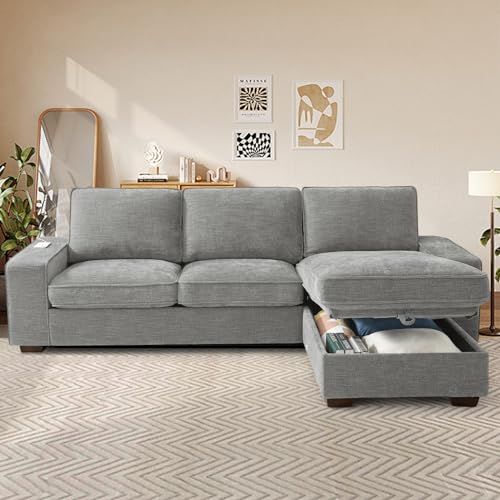 COOSLEEP 99” L-Shape Convertible Sectional Couches Sofas with 190L Storage Chaise, Chenilee Upholstered Sofas with Removable Cushion and Detachable Cover,USB and Type-c Charging for Living Room (Grey)