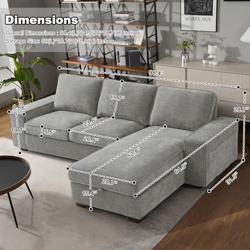 COOSLEEP 99” L-Shape Convertible Sectional Couches Sofas with 190L Storage Chaise, Chenilee Upholstered Sofas with Removable Cushion and Detachable Cover,USB and Type-c Charging for Living Room (Grey)