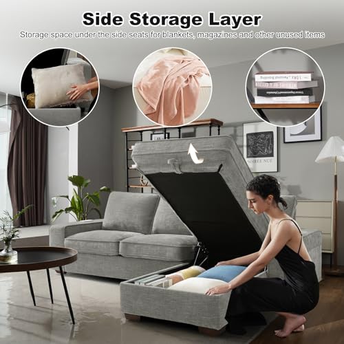 COOSLEEP 99” L-Shape Convertible Sectional Couches Sofas with 190L Storage Chaise, Chenilee Upholstered Sofas with Removable Cushion and Detachable Cover,USB and Type-c Charging for Living Room (Grey)