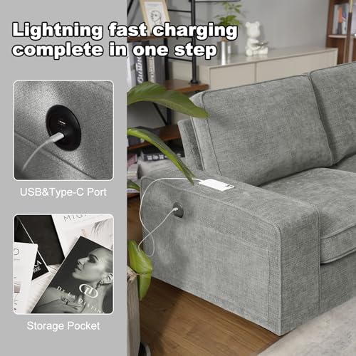 COOSLEEP 99” L-Shape Convertible Sectional Couches Sofas with 190L Storage Chaise, Chenilee Upholstered Sofas with Removable Cushion and Detachable Cover,USB and Type-c Charging for Living Room (Grey)