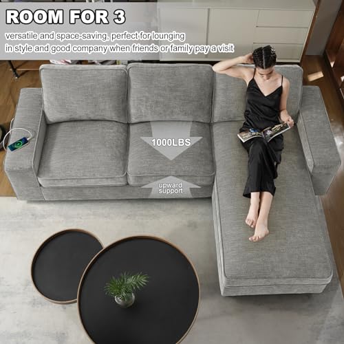 COOSLEEP 99” L-Shape Convertible Sectional Couches Sofas with 190L Storage Chaise, Chenilee Upholstered Sofas with Removable Cushion and Detachable Cover,USB and Type-c Charging for Living Room (Grey)