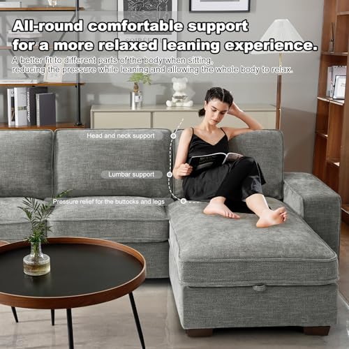 COOSLEEP 99” L-Shape Convertible Sectional Couches Sofas with 190L Storage Chaise, Chenilee Upholstered Sofas with Removable Cushion and Detachable Cover,USB and Type-c Charging for Living Room (Grey)