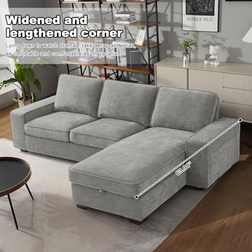 COOSLEEP 99” L-Shape Convertible Sectional Couches Sofas with 190L Storage Chaise, Chenilee Upholstered Sofas with Removable Cushion and Detachable Cover,USB and Type-c Charging for Living Room (Grey)