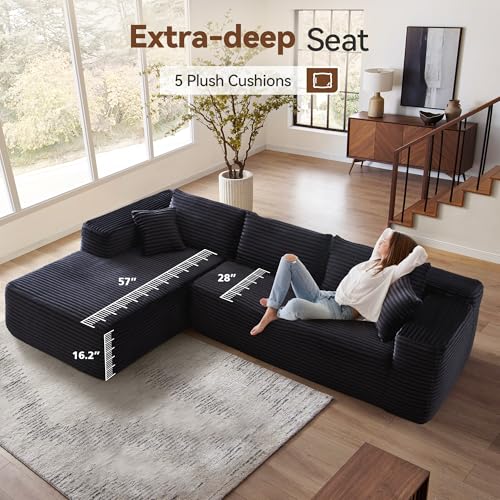 CAODOC 104" Cloud Sectional Couch with Comfy Chaise, Boneless L Shape Sofa with Deep Seat, Minimalist Modular Couches Sleeper for Living Room Bedroom Apartment Lounge,Black