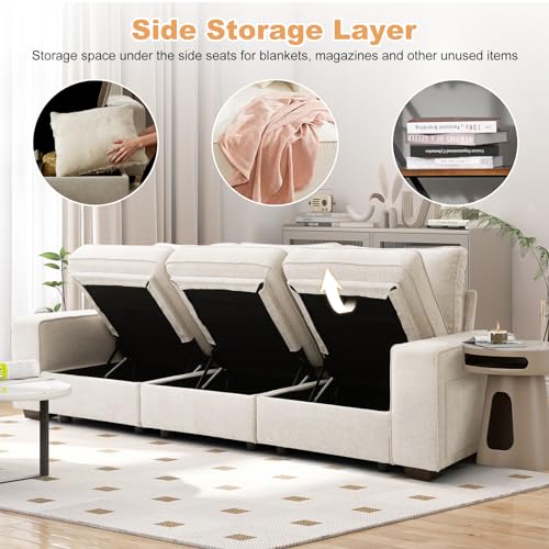 COOSLEEP 3 Seater Sofa Couch with Storage Layer, Removable and Washable Cushion Cover, Modern Sofa-100 Sofa with Solid Frame up to 1200Lbs, Couches for Living Room, Beige Chenille