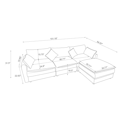 Ball & Cast 100.39" Modular Sectional Sofa with Removable Ottoman, L Shaped 3-Seater Cloud Couch with Pillows for Living Room,Apartment,Office,Beige