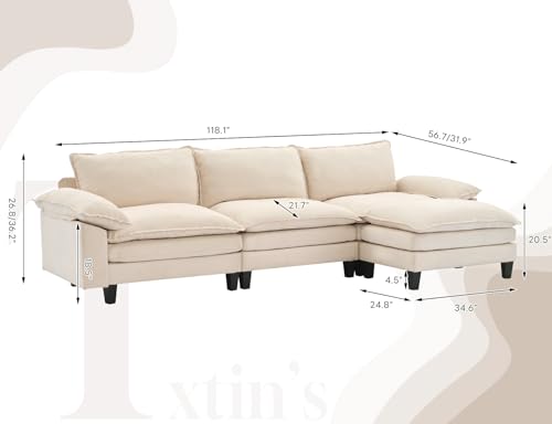 Txtin's 118" 3 Seat Cloud Couches for Living Room, L Shaped Sectional Couch with Ottoman, Modular Sectional Sofa for Apartment, Beige