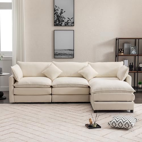 Ball & Cast 100.39" Modular Sectional Sofa with Removable Ottoman, L Shaped 3-Seater Cloud Couch with Pillows for Living Room,Apartment,Office,Beige