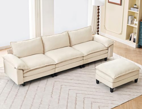 Txtin's 118" 3 Seat Cloud Couches for Living Room, L Shaped Sectional Couch with Ottoman, Modular Sectional Sofa for Apartment, Beige