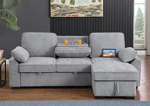 L-Shaped Pull Out Sleep Sofabed,Modern Reversible Sleeper Sectional Sofa Chenille Upholstered Button Tufted Decor with Storage Chaise, Drop-Down Table, Cup Holders and Charging Ports (USB & Type-C)