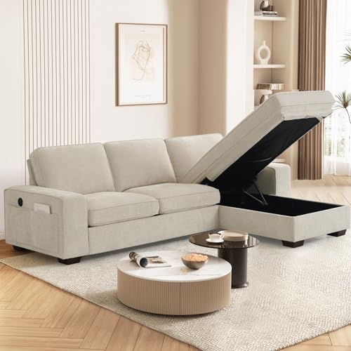 MEROUS 99" Convertible Sectional Sofa Couches for Living Room,Modern L Shaped Couch,Comfy Chenille Cloud Couch Sectional with Reversible Storage Chaise,Removable Cushion Cover,USB&Type-c Ports(Beige)
