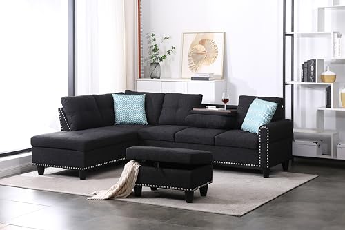 ACQCA 98" L Shaped Sectional Sofa with Left Facing Chaise,Linen Upholstered Corner Couch with Removable Storage Ottoman and Hidden Cup Holders for Living Room,Charcoal Grey