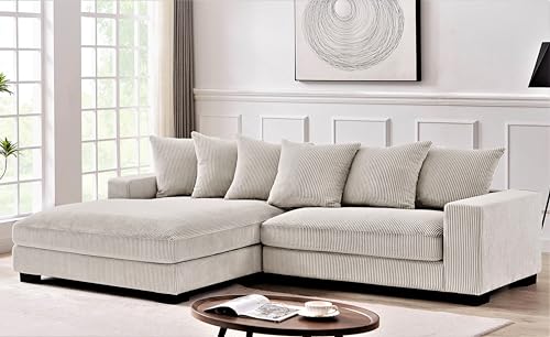 Container Furniture Direct Luxe Oversized Two-Piece Sectional Couches for Living Room, 102.4-Inch L Shaped Sofa with Chaise, Upholstered with Corduroy Fabric, Ivory - Left Facing