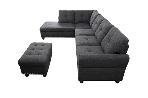 ACQCA 98" L Shaped Sectional Sofa with Left Facing Chaise,Linen Upholstered Corner Couch with Removable Storage Ottoman and Hidden Cup Holders for Living Room,Charcoal Grey