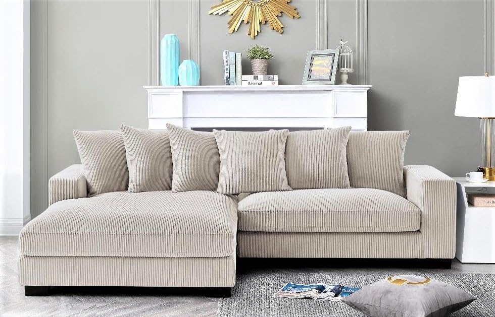 Container Furniture Direct Luxe Oversized Two-Piece Sectional Couches for Living Room, 102.4-Inch L Shaped Sofa with Chaise, Upholstered with Corduroy Fabric, Ivory - Left Facing