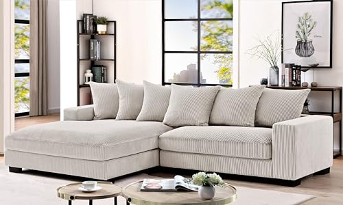 Container Furniture Direct Luxe Oversized Two-Piece Sectional Couches for Living Room, 102.4-Inch L Shaped Sofa with Chaise, Upholstered with Corduroy Fabric, Ivory - Left Facing