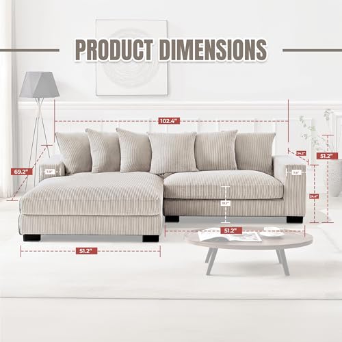 Container Furniture Direct Luxe Oversized Two-Piece Sectional Couches for Living Room, 102.4-Inch L Shaped Sofa with Chaise, Upholstered with Corduroy Fabric, Ivory - Left Facing
