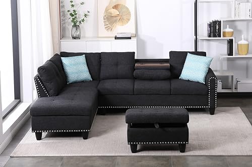 ACQCA 98" L Shaped Sectional Sofa with Left Facing Chaise,Linen Upholstered Corner Couch with Removable Storage Ottoman and Hidden Cup Holders for Living Room,Charcoal Grey