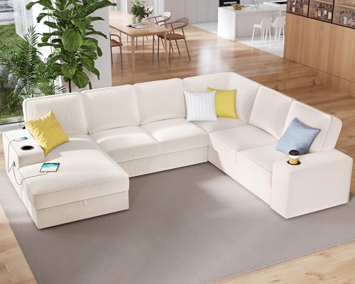 PaPaJet Oversized Sofa, U Shaped Sofa Couch with Storage Chaise, Sectional Sofa Couch with USB Ports & Cup Holder, Corduroy Couch—Beige