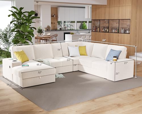 PaPaJet Oversized Sofa, U Shaped Sofa Couch with Storage Chaise, Sectional Sofa Couch with USB Ports & Cup Holder, Corduroy Couch—Beige